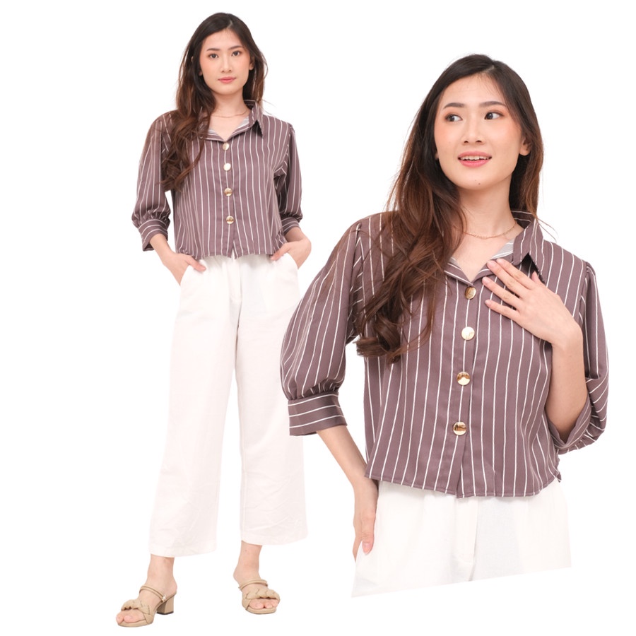 Nhm Baju Kemeja Atasan Wanita Crop Top Salur