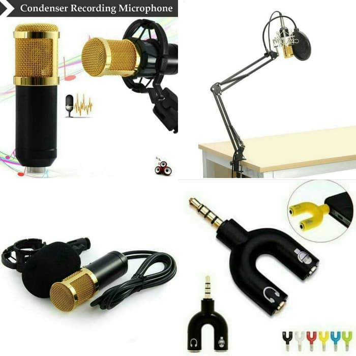 Mic BM800 + Stand mic arm + pop filter + Splitter audio U - Hitam