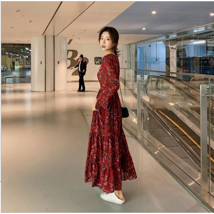 Maxi Dress FLORAL TIER import BUNGA MARON MERAH baju gamis import KOREA style 855