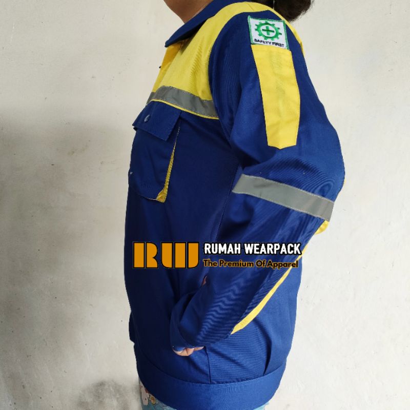 Wearpack Kerja/ Baju Proyek/ Seragam Kerja Warna Biru Benhur Kombinasi Kuning