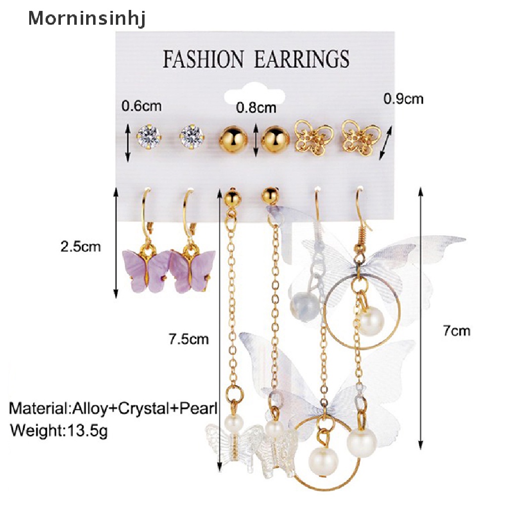 6 Pasang / Set Anting Stud Bentuk Hati Butterfly Aksen Mutiara Warna Emas Untuk Wanita