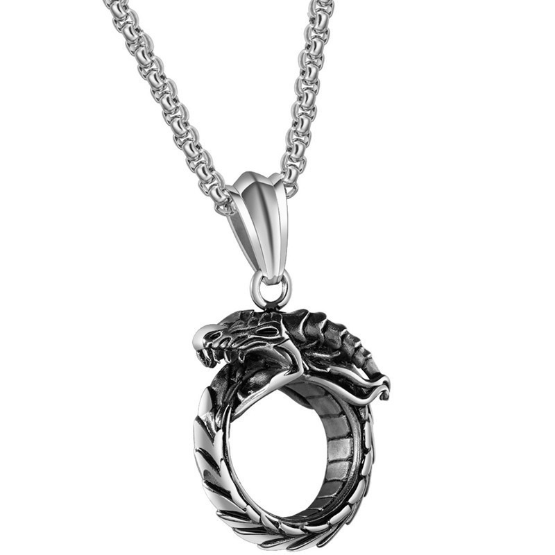 Kalung Liontin Ouroboros Warna Silver Gaya Hip Hop Retro Untuk Pria