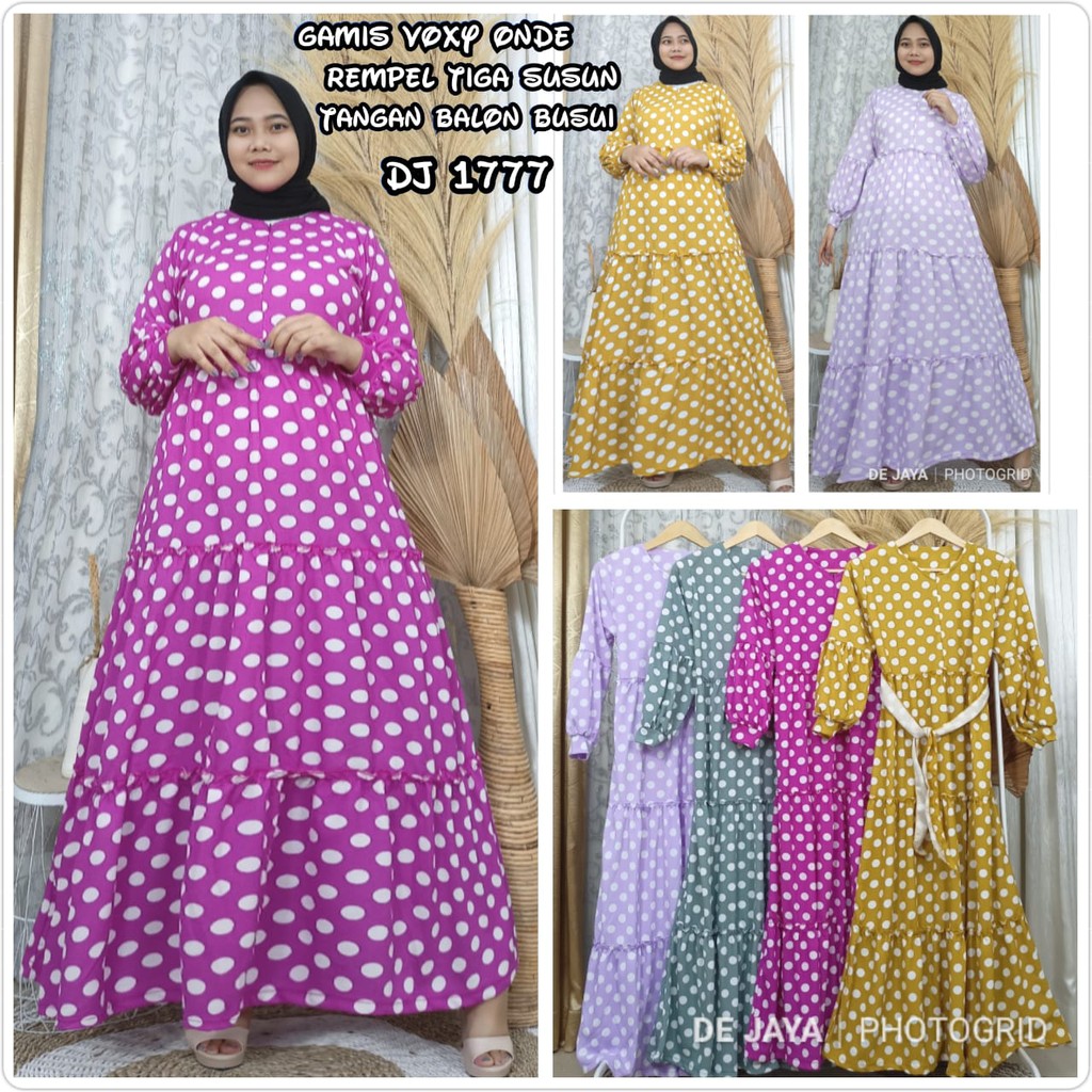 Gamis busui model rempel 3 susun motif polkadot bahan voxy merk de jaya (DJ 1777)