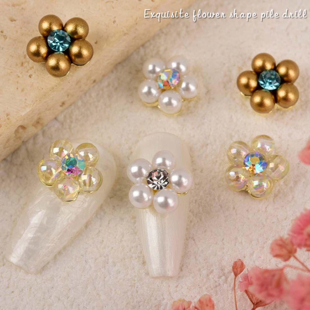 AUGUSTINA Agustina 3D Kuku Charms DIY Fashion Mutiara Imitasi Manicure Alloy Bunga Perhiasan Kuku