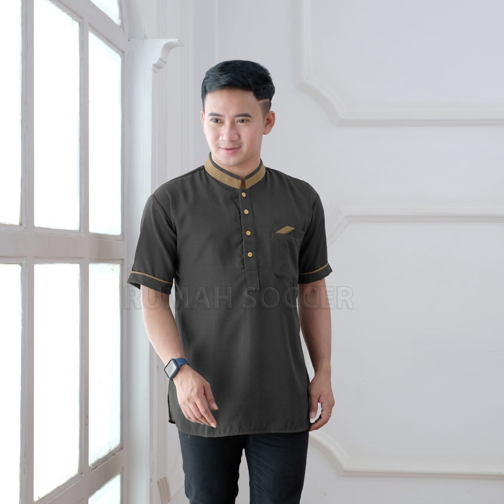 Baju Koko Pria FATHAN Lengan Pendek Atasan Muslim Pria Dewasa Polos Tersedia Ukuran S M L XL XXL