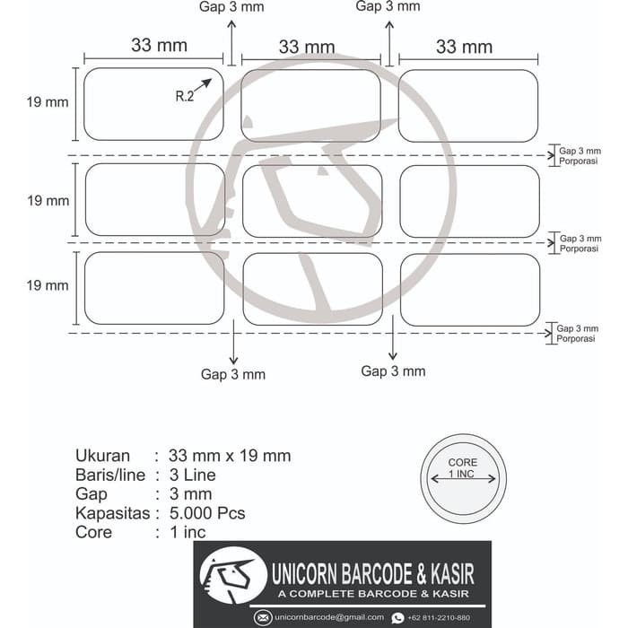 33x20 mm / 33x20mm Semicoat 3Line 5000pcs Core 1&quot;  Label Sticker UNICORN