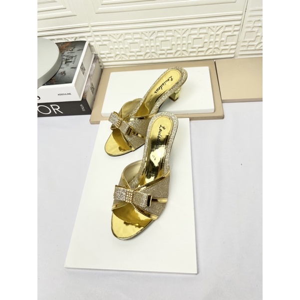 sepatu heel wanita terbaru pesta LOUISDEAR sendal heel pengantin pita 5 cm bahan gliter H28