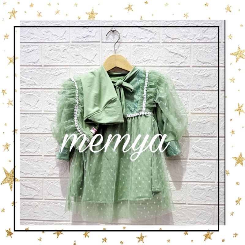 Baju Gamis busana muslim aqiqah polkadot tile dot tulle polka brokat brukat anak bayi baby perempuan newborn set hijab-Hijau