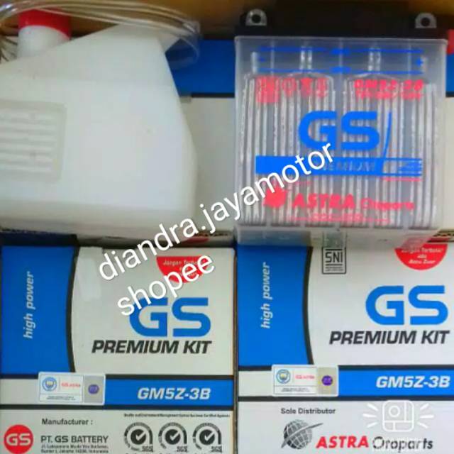 Aki accu basah gs astra type GM5Z.3B.kit asli merk gs Astra by PT.astra otoparts