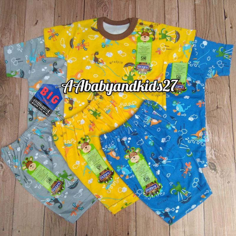 3Pasang Setelan Ridges Lengan Pendek Kancing Bahu FullPrint Dino Parasut Ukuran S M L XL SNI