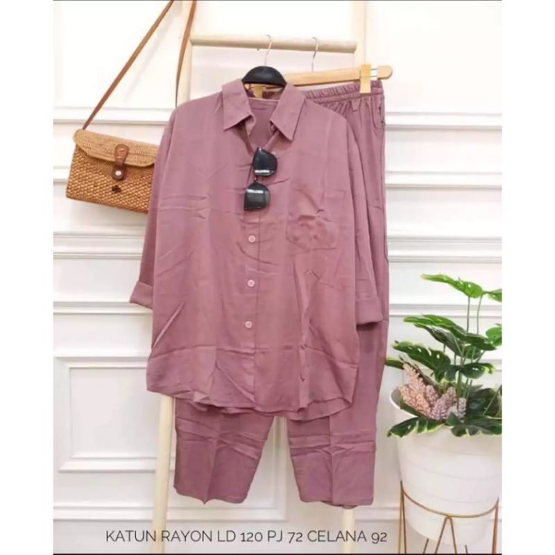 ONE SET RAYON JUMBO [M L XL XXL] LD 120 | DAILY SLEEPWEAR POLOS | SETCEL RAYON POLOS | TIEDIE POLOS | SETELAN BAJU TIDUR RAYON POLOS JUMBO-RIANI DUSTY