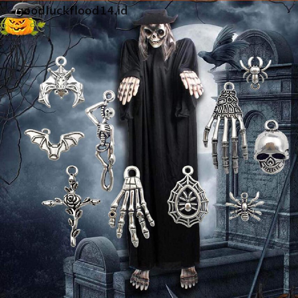 [OOID] 50Pcs Mixed Halloween Bat Skeleton Silver Charms Pendants DIY Jewelry Making ID