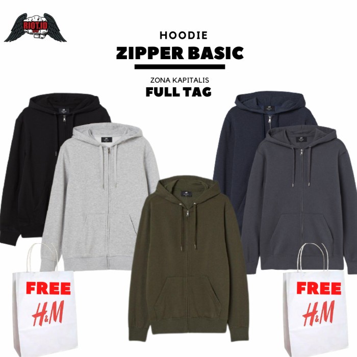 

READY COD Hoodie H&M Zipper Basic Polos Hitam Navy Army Drak Grey FREE. PAPERBAG - Grey, S TERLARIS