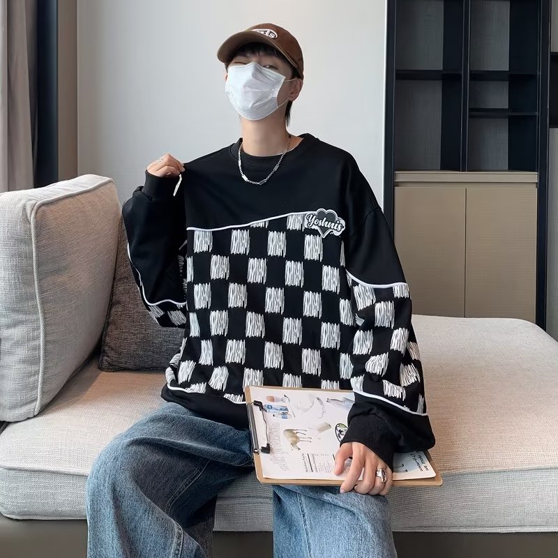 KAOS SWEATER LONGGAR LENGAN PANJANG PASANGAN MUSIM GUGUR STREET TIDE MEREK JAHITAN KOTAK-KOTAK  SWEATER LEHER BULAT WANITA