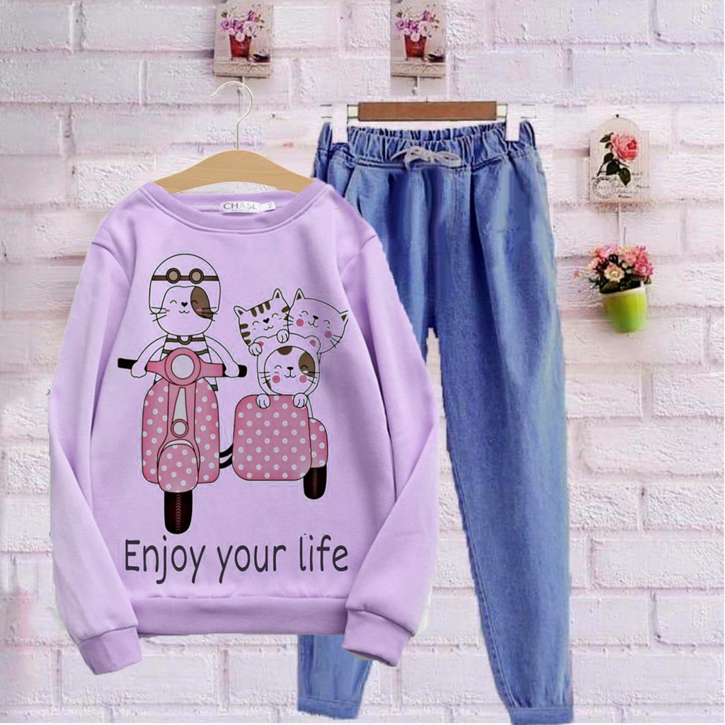 VS GG  - Baju SETELAN atasan SWEATER wanita ENJOY YOUR LIFE