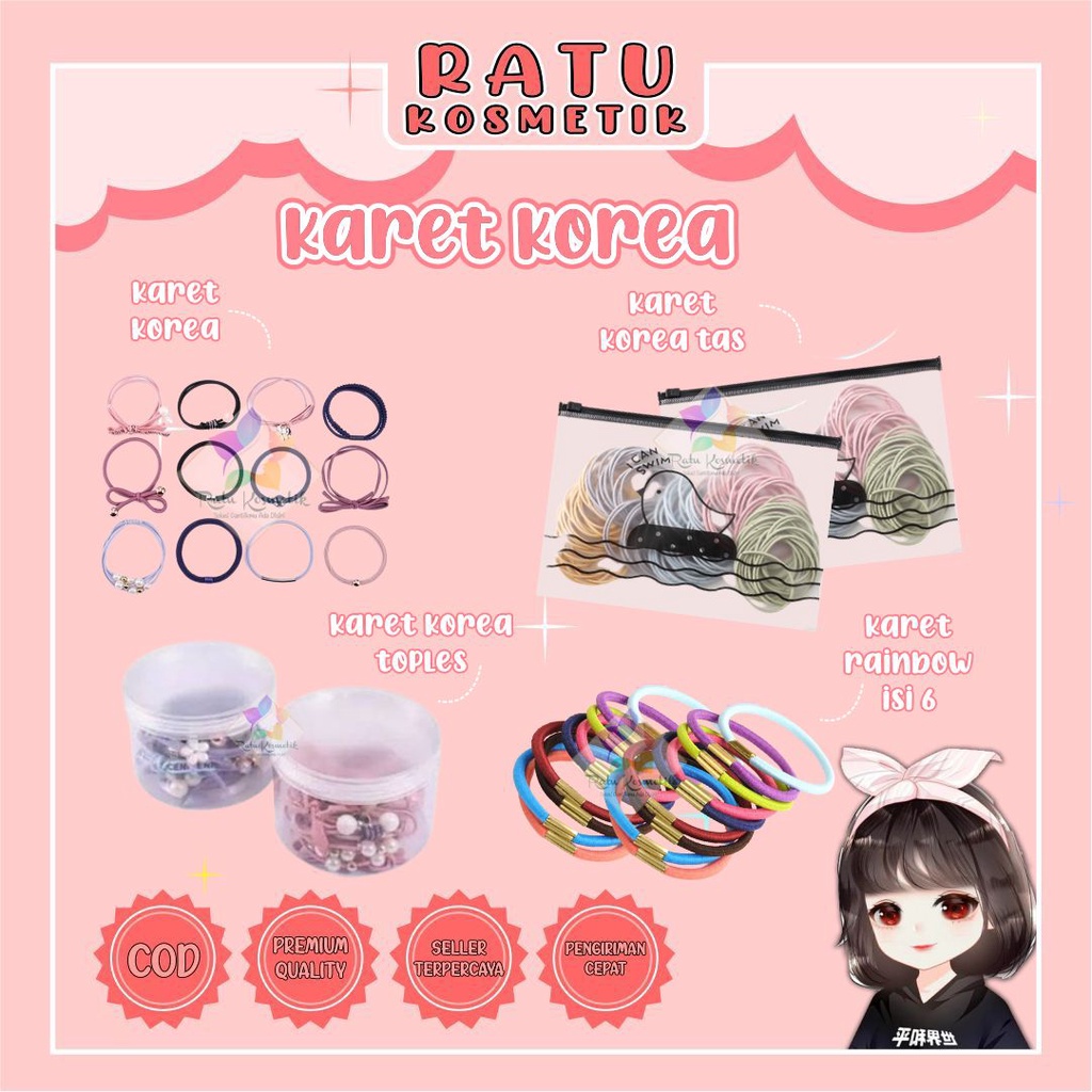 ❤ RATU ❤ Karet Ikat Rambut Wanita Korean Style | Kuncit Rambut Korea Tas | Kuncir Toples Rainbow Pastel