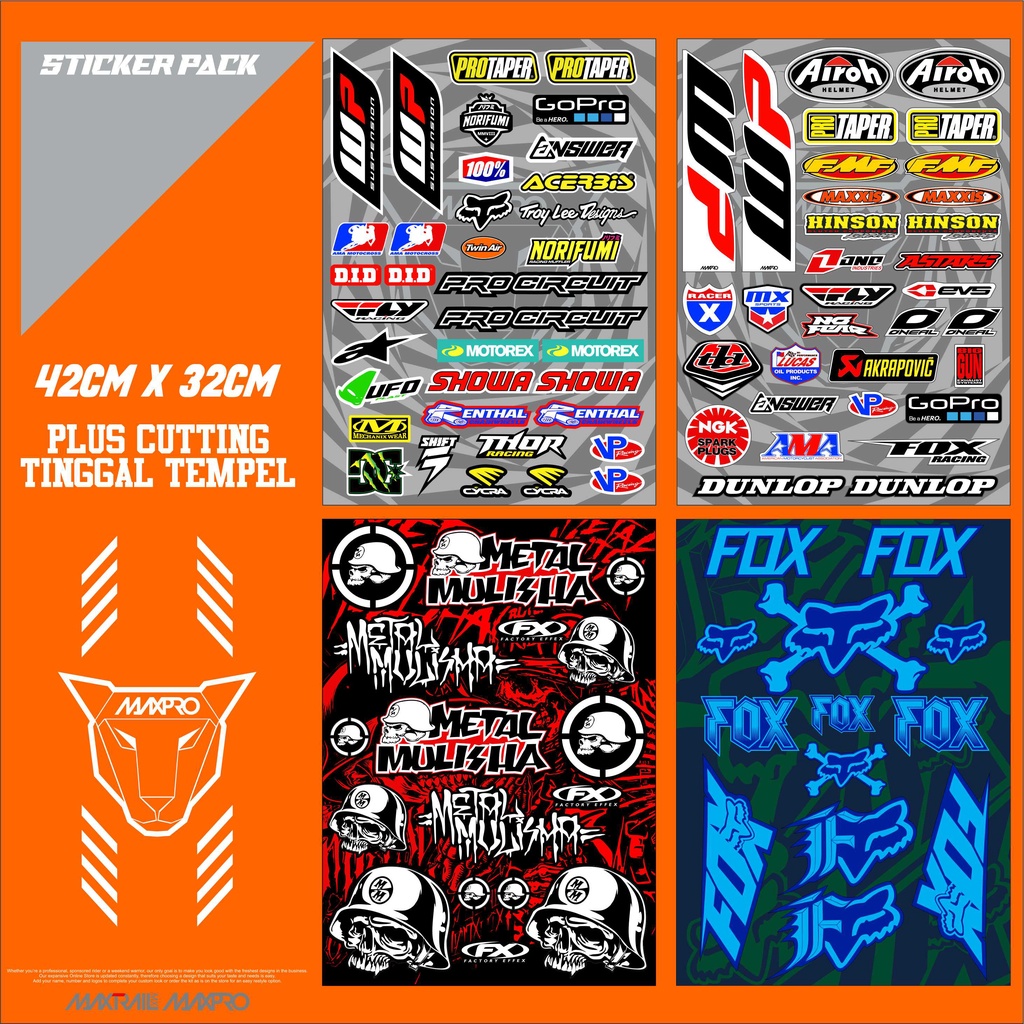 STIKER PACK SPONSOR STICKER MOTOR TRAIL  RACING  MOTOCROSS HELM FOX protaper showa motorex gopro fox