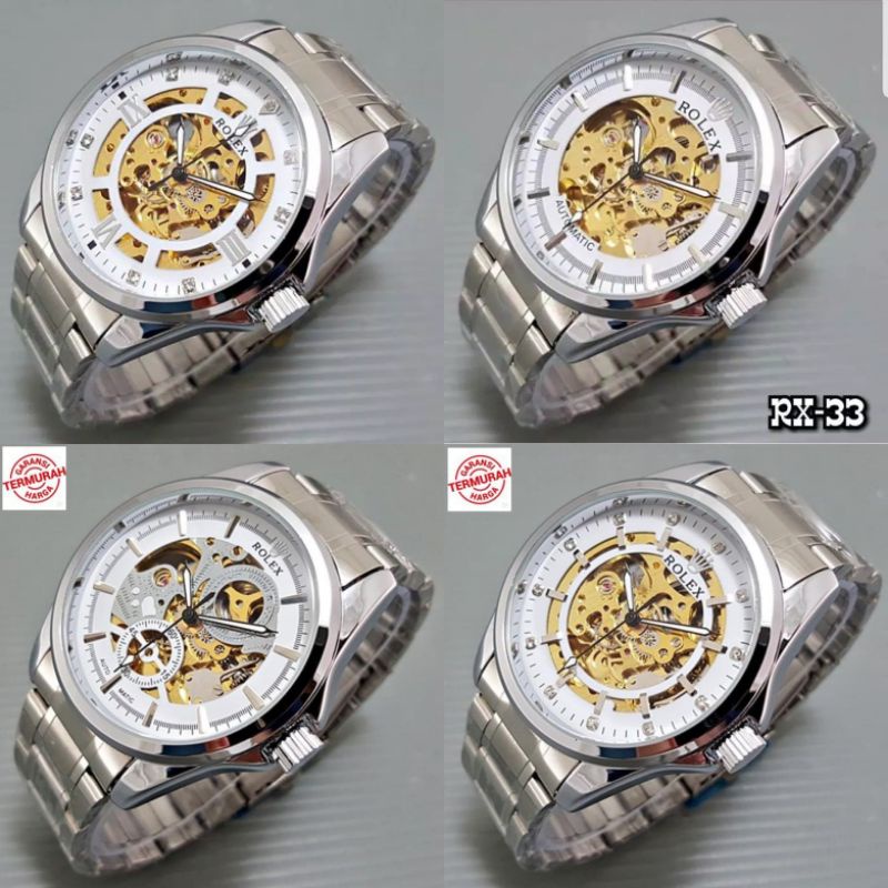 Jam Tangan Pria Otomatis Skeleton Rolex Big Chain Rantai SilverPutih