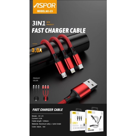 cabledata fast charger cable 3in1 Aspor 3A aluminium alloy charging cable 1m