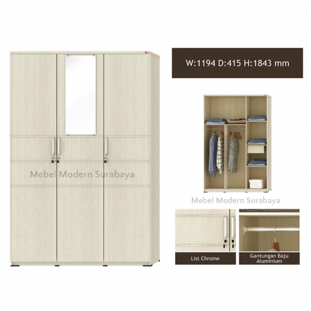 Lemari Baju 3 Pintu Kaca Minimalis
