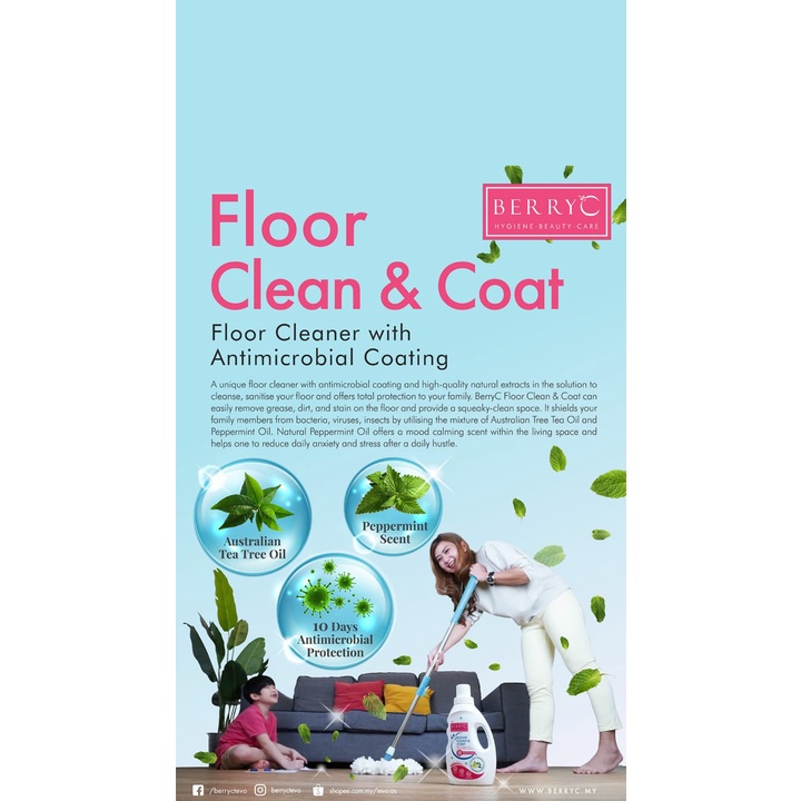 BerryC BERRY C FLOOR CLEANER &amp; COAT PEMBERSIH LANTAI MANUAL / ROBOT AROMA PEPPERMINT BEBAS BAKTERI 10 HARI TEN DAYS 1L 1 L LITER