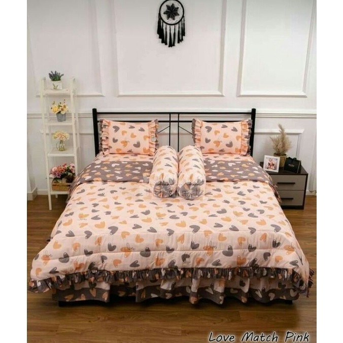 Sprei rumbai set bedcover motif LOVE MATCH PINK Ukuran 100*200-200*200