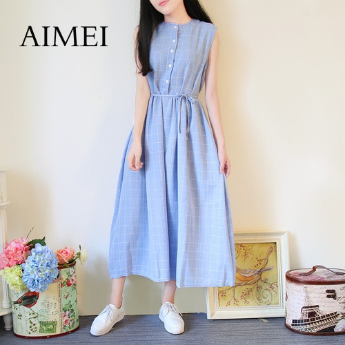 AimeiBeauty Dress Model  Longgar Tanpa Lengan Motif Kotak 