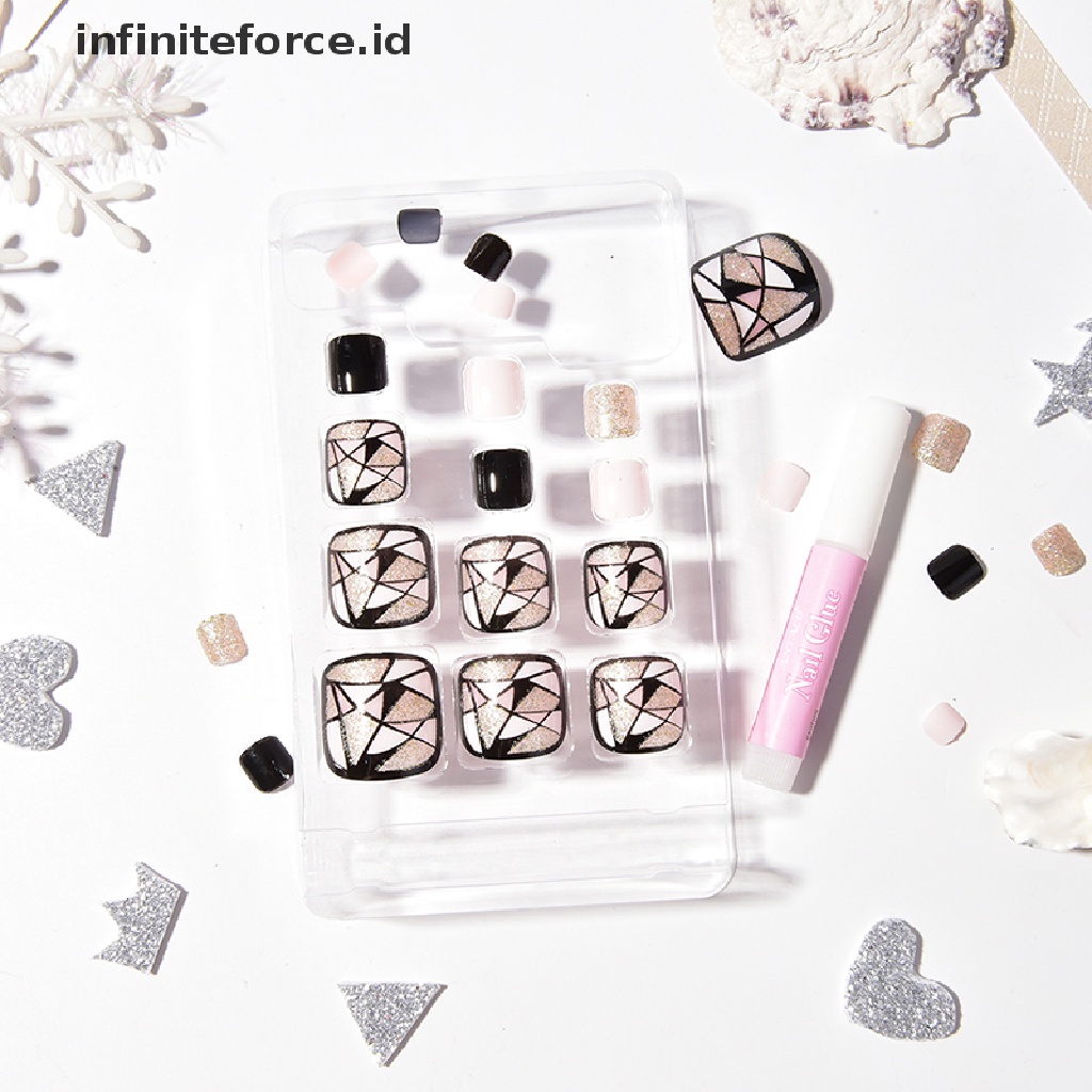 (infiniteforce.id) 24pcs / Set Kuku Palsu Pendek Warna Hitam Untuk Nail Art