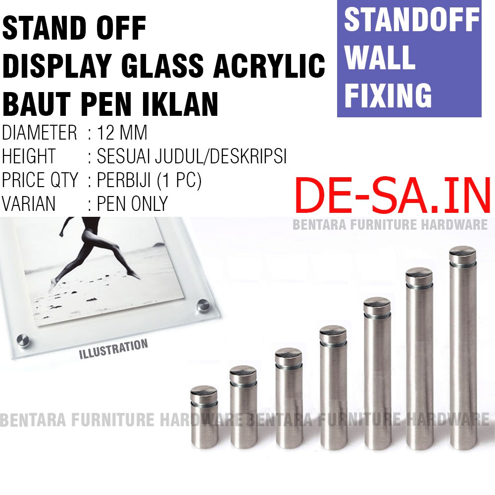 12 MM HUBEN PEN IKLAN 12 x 30 - STAINLESS STEEL Acrylic Glass Board Sign Stand-off (Pen Baut Stabil Kaca / Akrilik) 12MM X 30MM (1/2&quot; X 1-1/4&quot;)