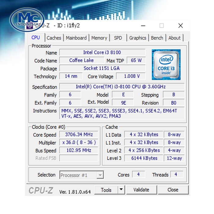 Procssor Intel Core i3 8100 3.60Ghz DAN FAN INTEL