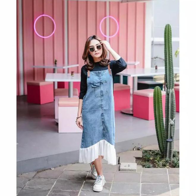 24NA BAJU ROK KODOK JUMPSUIT OVERALL JEANS TRENDY MIDI 7/8 DENIM WANITA IILB