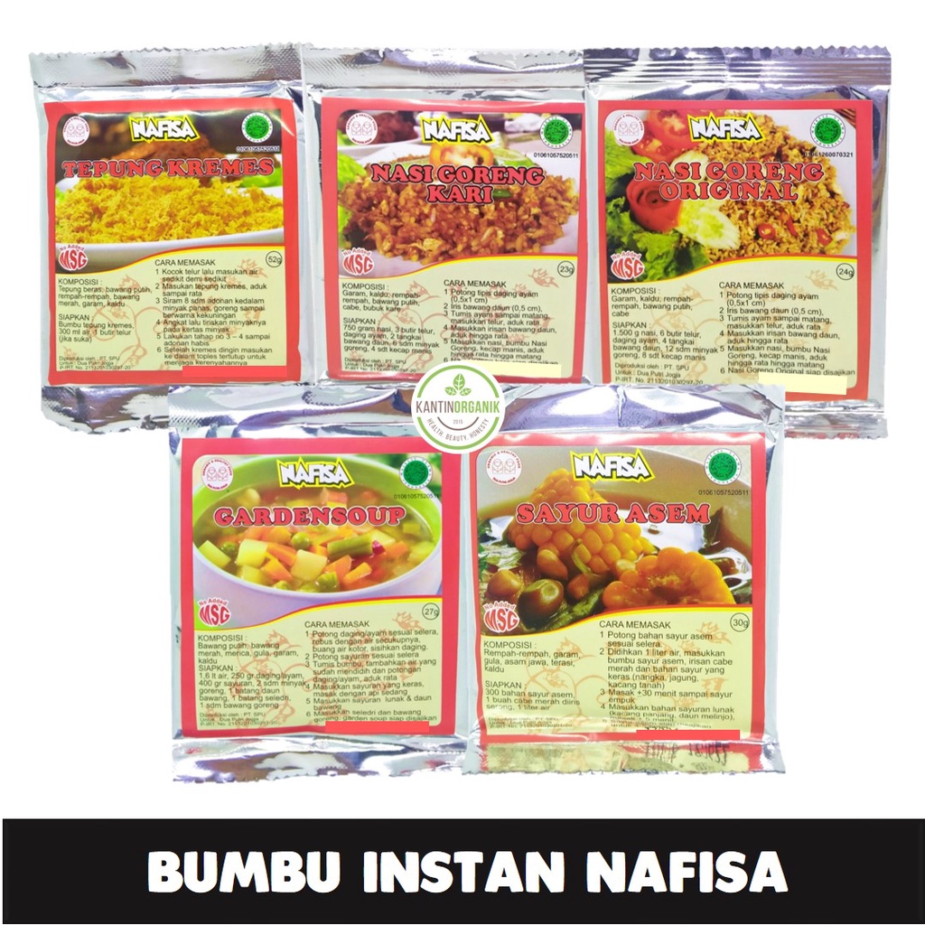 

Nafisa Bumbu Instan tepung Kremes, Nasi Goreng kari, Nasi Goreng Original, Sayur Asem, Garden Soup