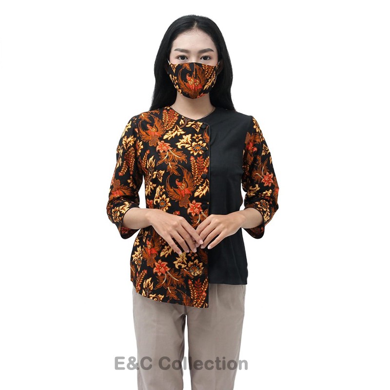 Atasan Batik Wanita Blouse Kombinasi Hitam - S-M-L-XL-XXL-3L-4L-5L - Model Kancing Depan - MODERN-1