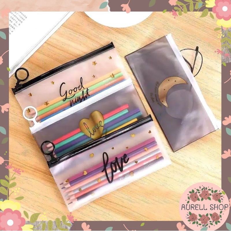 

[ COD ] Tempat Pensil Zip Transparan Motif Love / Tepak Pensil Lucu / Pouch Transparant