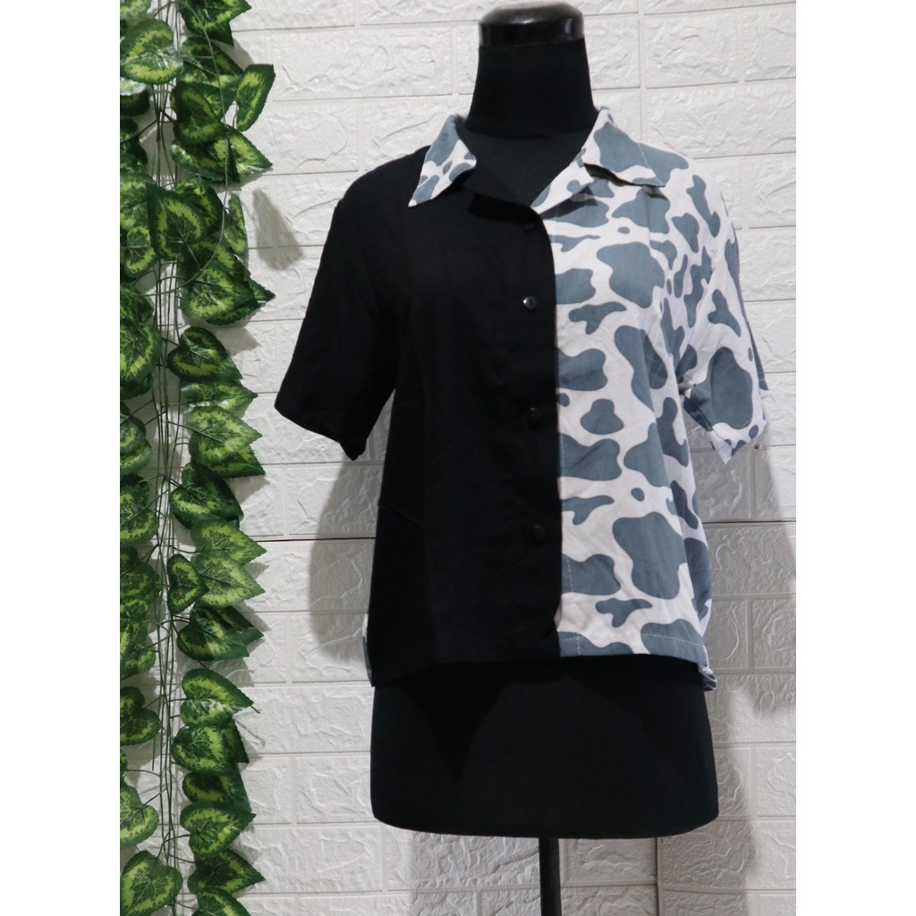 Baju Kemeja Wanita Two Tone Animal Kekinian / Kemeja dua warna / Top Wanita / Atasan Wanita-Sapi Hitam Abu
