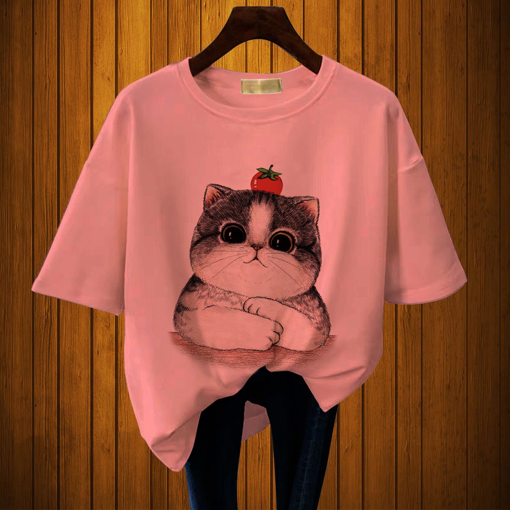 CALVIERO SHOP - BAJU KAOS WANITA DEWASA PRINT CHUBBY CATS CASUAL