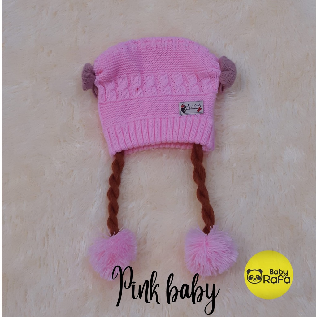 Topi Bayi Perempuan Rajut Pompom Model Kepang / Topi Rajut Premium Baby Girl model Kepang