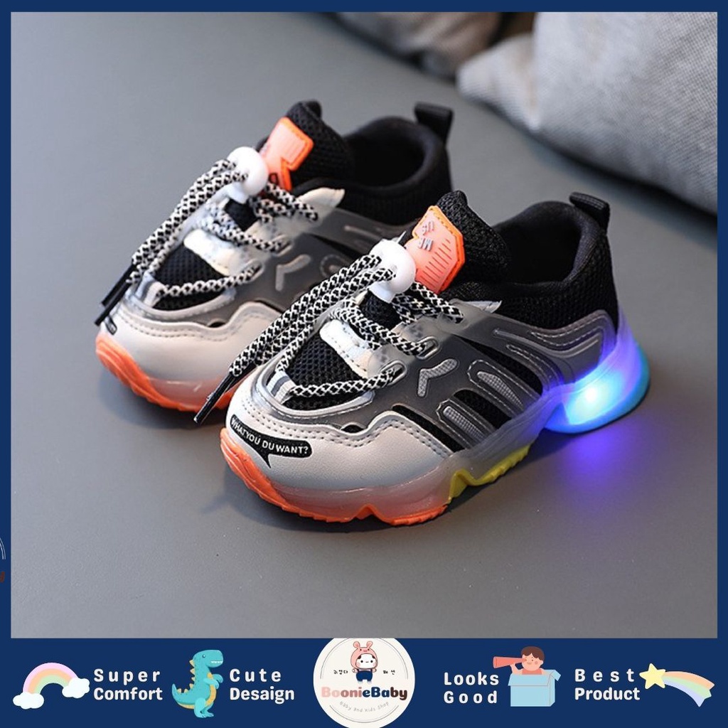 boonie BE PERFECT Sepatu Sneakers Anak Laki / Perempuan LED Menyala Import sekolah