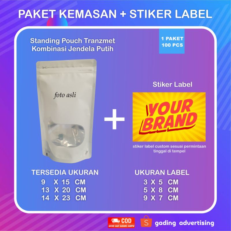 PAKET KEMASAN STANDING POUCH PLUS STIKER LABEL CUSTOM WINDOW PUTIH