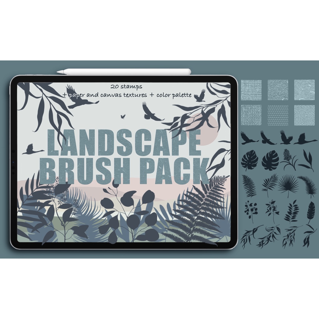 Procreate Brush - Complete Landscape Stamps with Paper Textures &amp; Color Palette