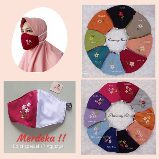 Masker kain 2 lapis sulam pita handmade headloop hijab