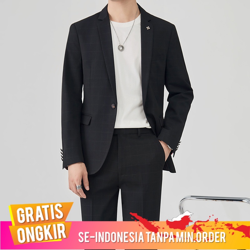 Jas Pria 2022   Pria Suit Set Korea Fashion  Dua Piece Suit Ringan Dewasa Plaid Perapi Cover Hist