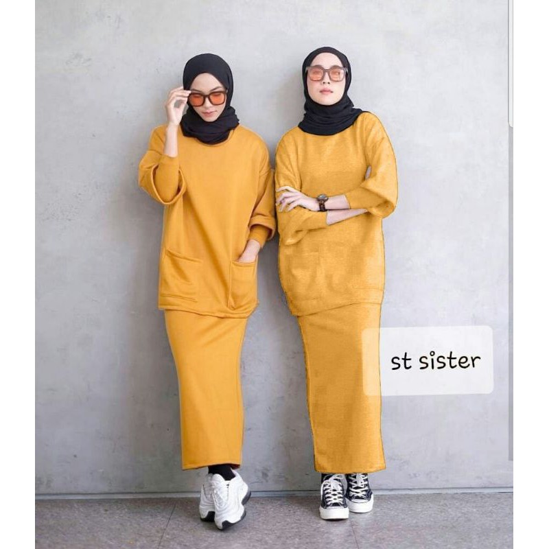 Setelan kaos rok span panjang bahan babytery hijau Army abu muda kuning Mustard maroon