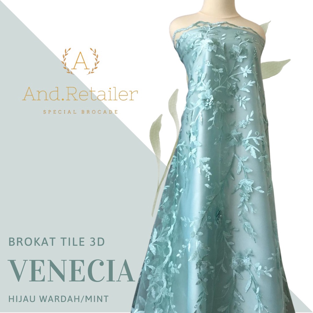Bahan Kebaya Premium Brokat Tile Bordir 3D Venecia Warna Hijau Mint Hijau Wardah