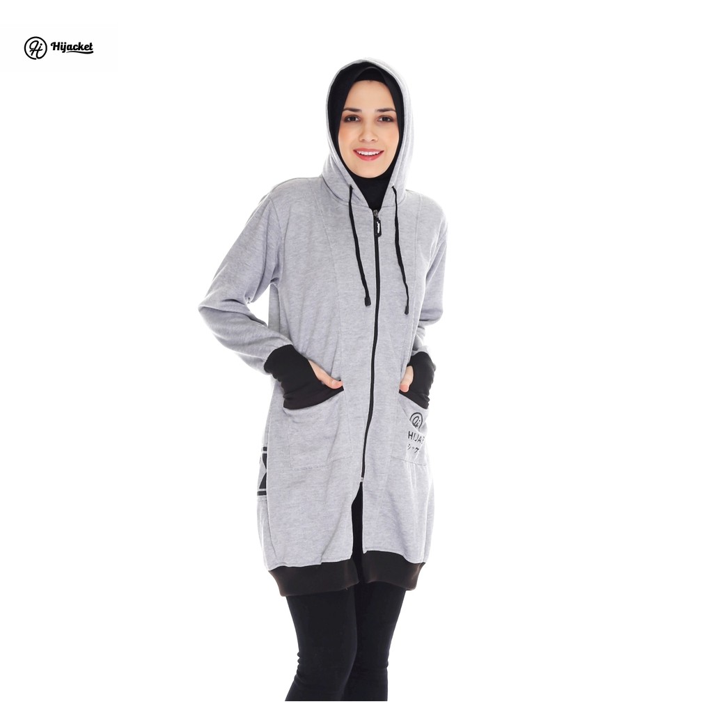 Jaket Tebal Wanita Hijab Hijacket Yukata Hijaket Hoodie Original Model Polos Panjang-Grey