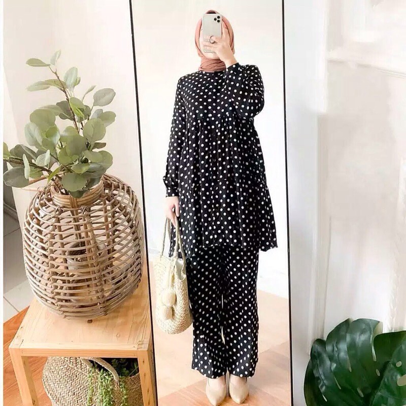 One Set Tunik Piyama Rayon Premium Polkadot