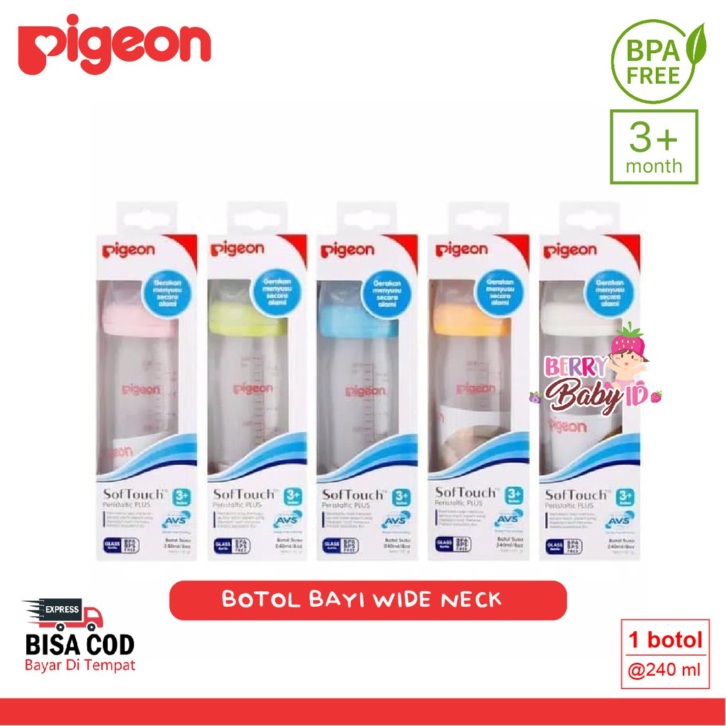 Pigeon Botol Susu Bayi Wide Neck Soft Touch Peristaltic Plus 240ml 3m+ Berry Mart