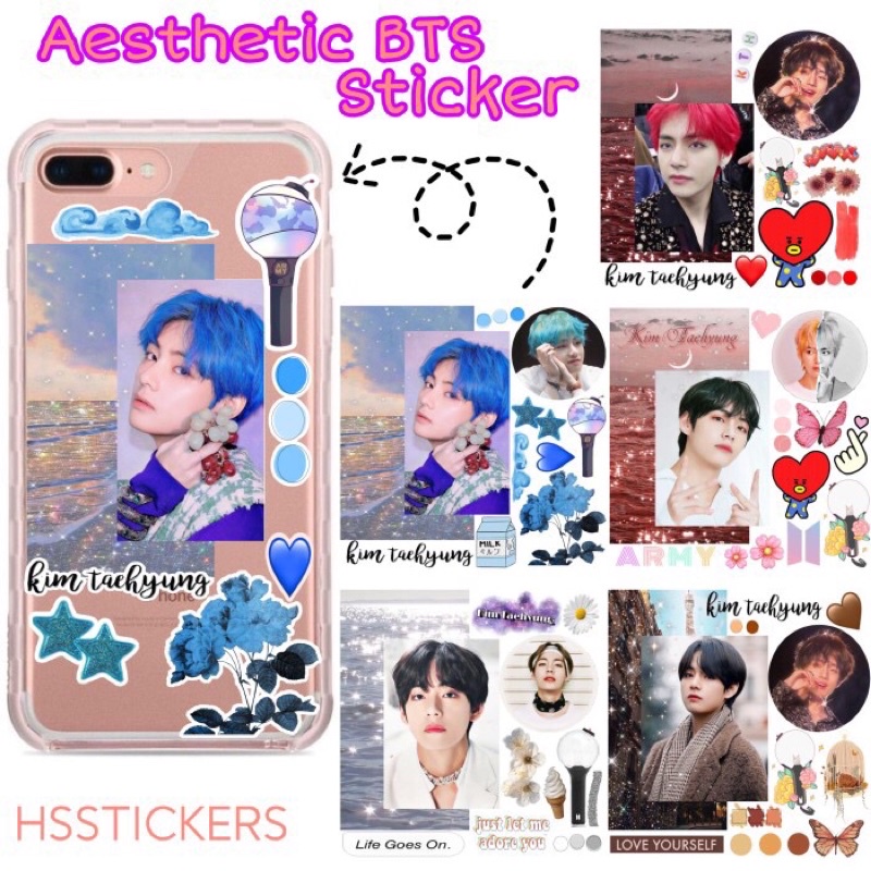 Stiker BTS Aesthetic motif glitter ( Taehyung , Namjoon , J-hope ver) Sudah Cutting ( Die CUT ) / St