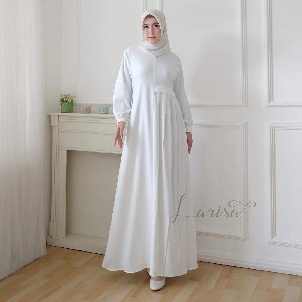 Larisa maxy dress wanita putih polos terbaru size M-L-XL-2XL / gamis jumbo busui friendly / pakaian muslim syari kekinian / baju pengajian / fashion muslim simple / ootd muslim