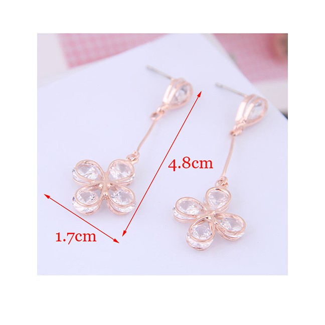 LRC Anting Tusuk Fashion Silver Metal Clover Zircon Earrings Copper A59227